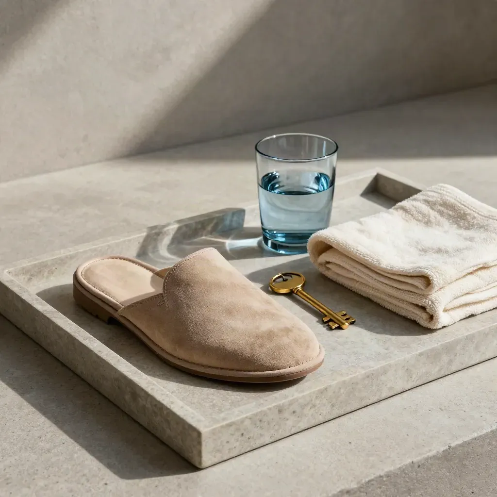 Hausschuhe, Schlüssel, Bademantelband und Wasserglas auf einem ruhigen Ankunftstablett