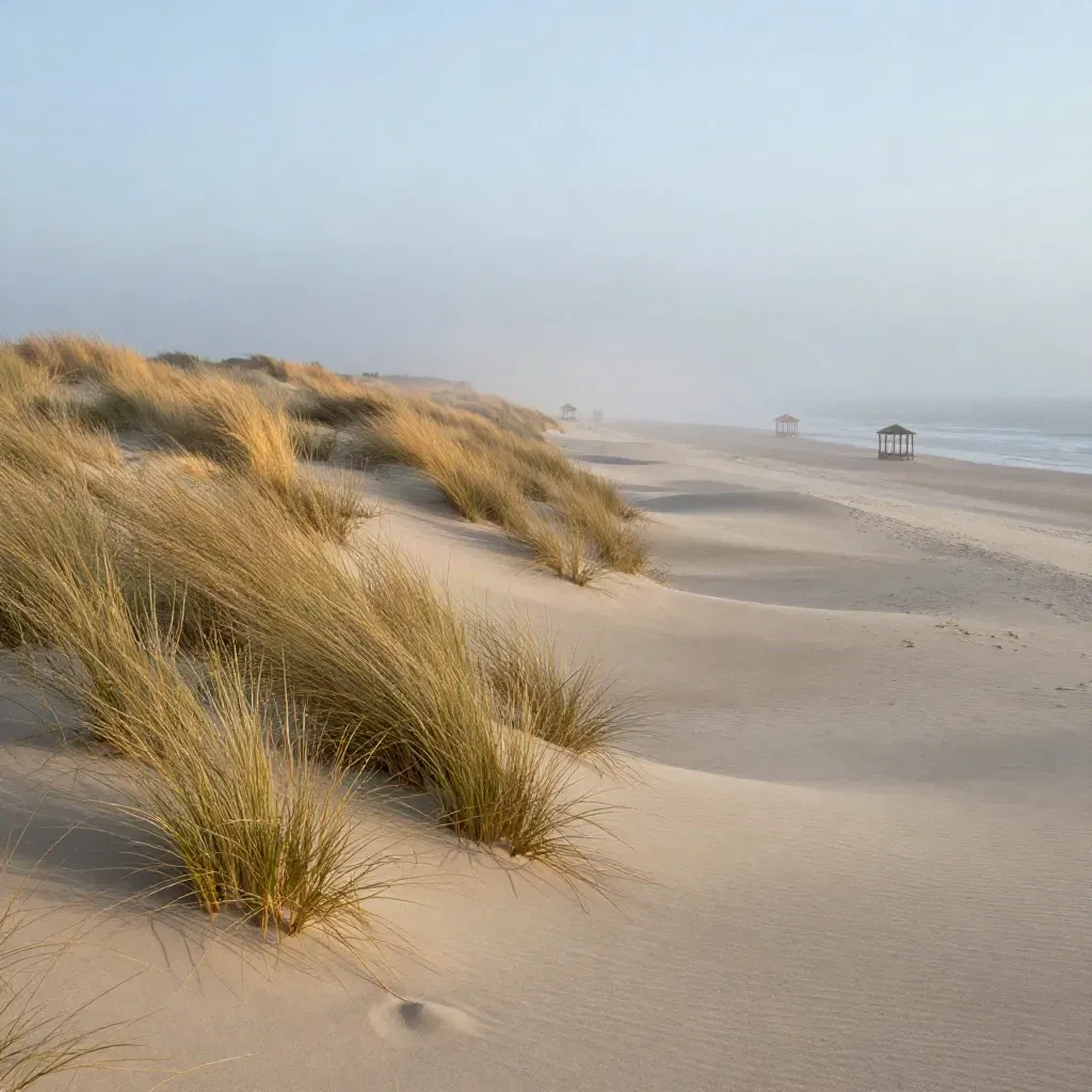 Usedomer Dünenkante im Abenddunst mit Strandgras und ruhigem Sand.