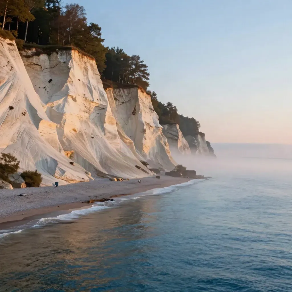 Rügens Kreidekliffs über ruhiger, nebliger Ostsee bei Abendlicht
