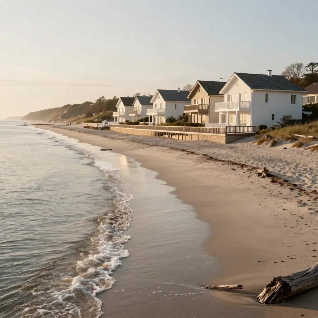 Goldene Ostseeküste mit Bäderarchitektur, Strand und ruhigem Abendhimmel.