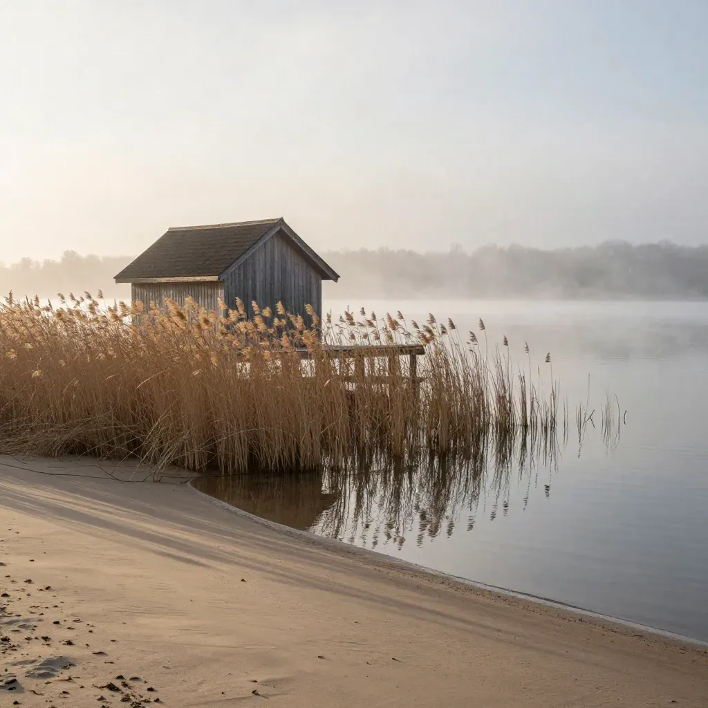 Schilfbucht am See mit kleinem Bootshaus im Morgennebel