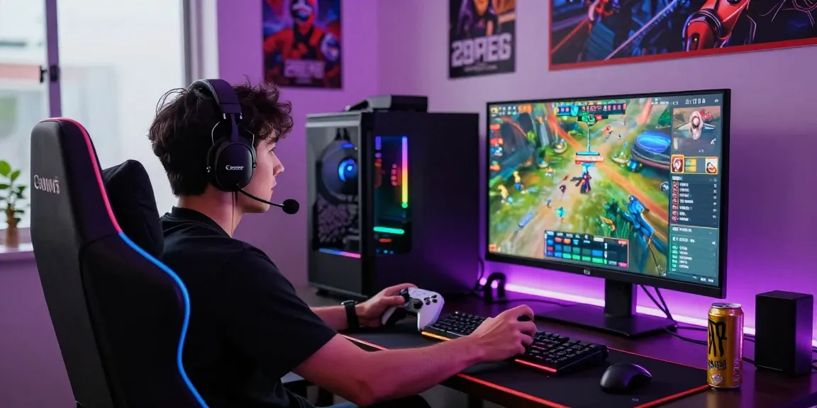 Gamer engaging with FAFA 828 on a vibrant gaming rig amidst an energetic atmosphere.