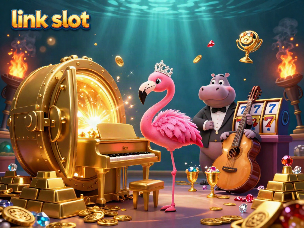 Engage with link slot gaming through a vibrant 3D illustration showcasing lively casino elements.