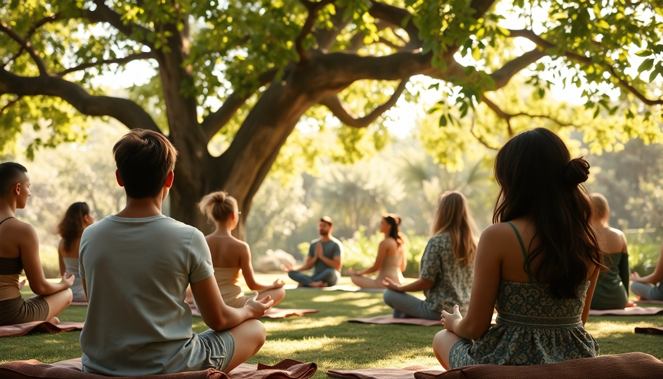 Spirituelle Seminare mit Teilnehmern, die in Meditation unter einem Baum praktizieren.