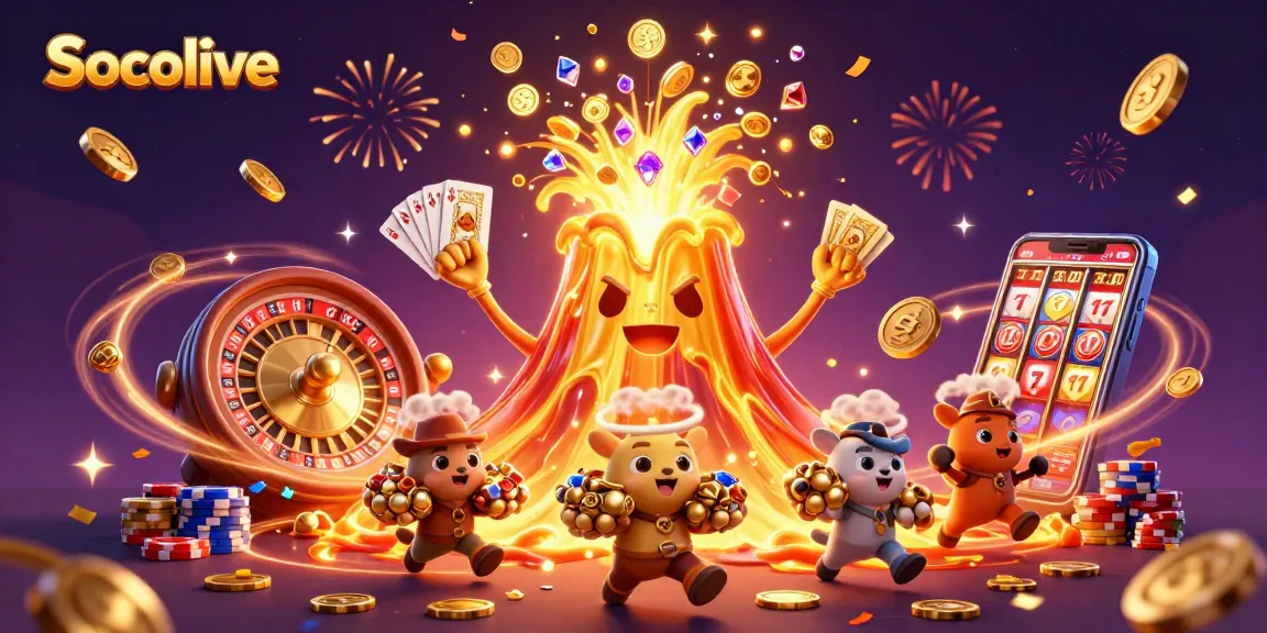 Socolive showcases a vivid 3D cartoon scene with a golden volcano erupting treasures and gambling symbols.