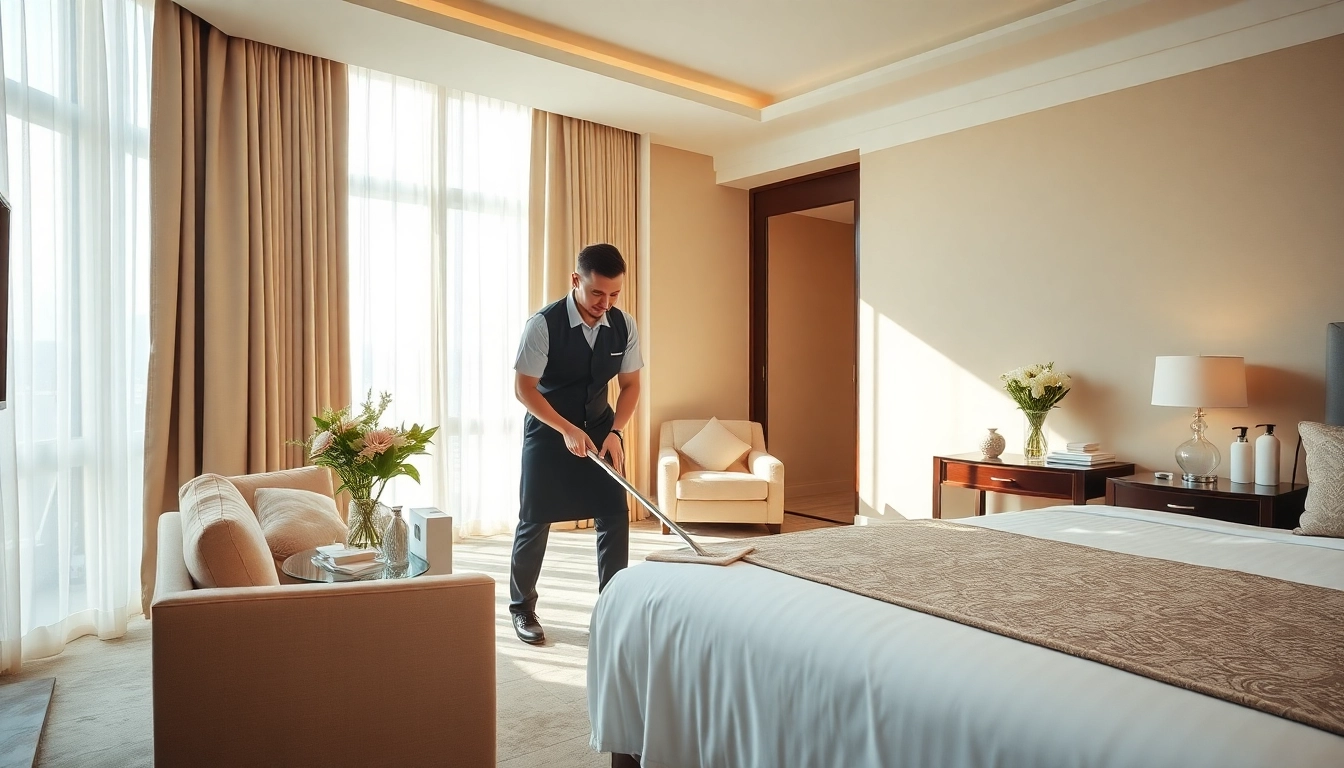 Effiziente hotelreinigung durch professionelles Personal in einem eleganten Hotelzimmer.