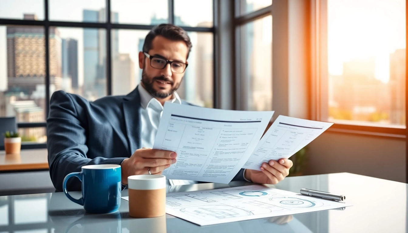 Headhunter Ingenieure analysiert Lebensläufe in einem modernen Büro mit Stadtansicht.