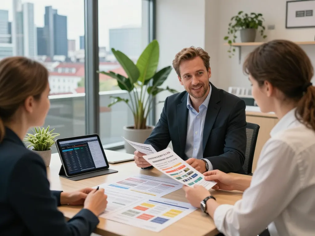 Engagierte Kunden mit einem Immobilienmakler Frankfurt Dornbusch, die Immobilienangebote in einem modernen Büro durchsehen.