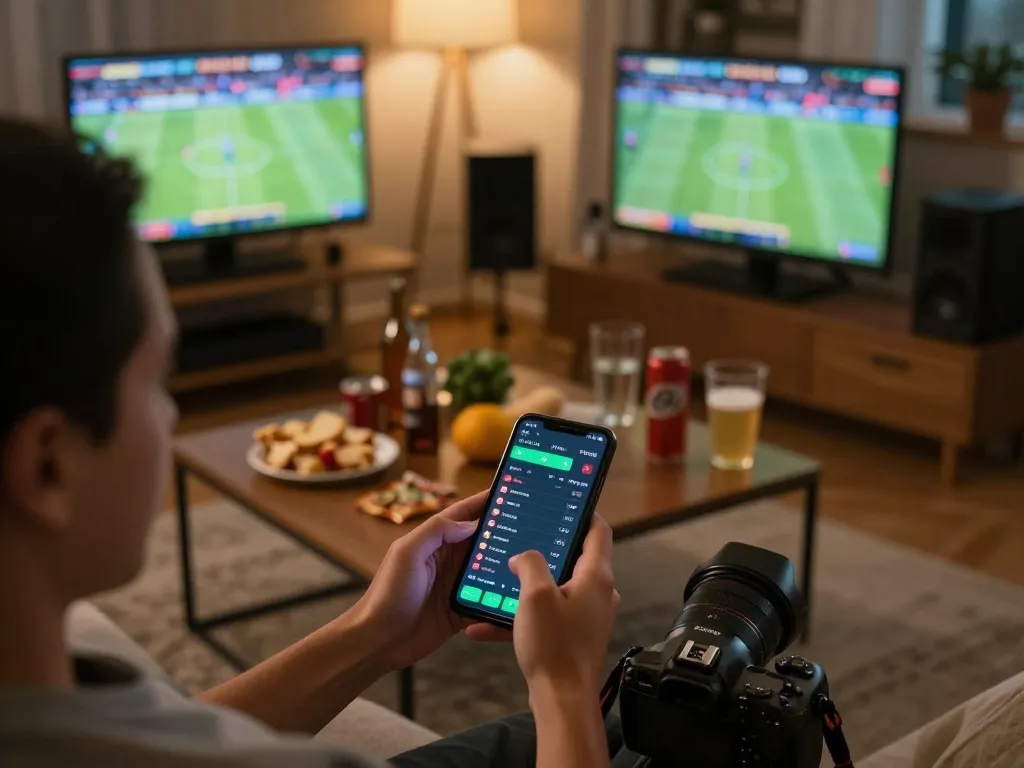 SIN88 sports betting excitement with a user placing bets on a smartphone in a cozy living room