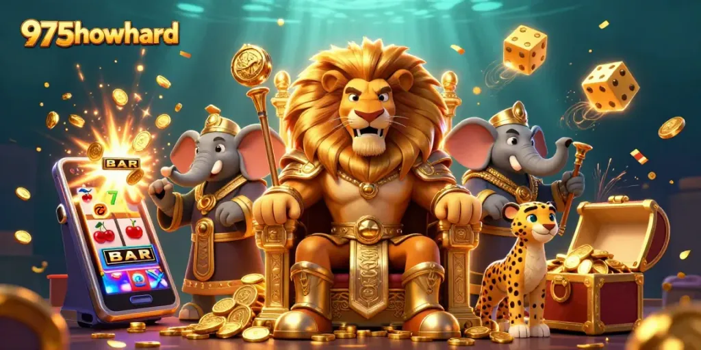 Experience 975howard's dazzling casino scene with lion king, advisor, and messenger amidst slot machines and treasures.