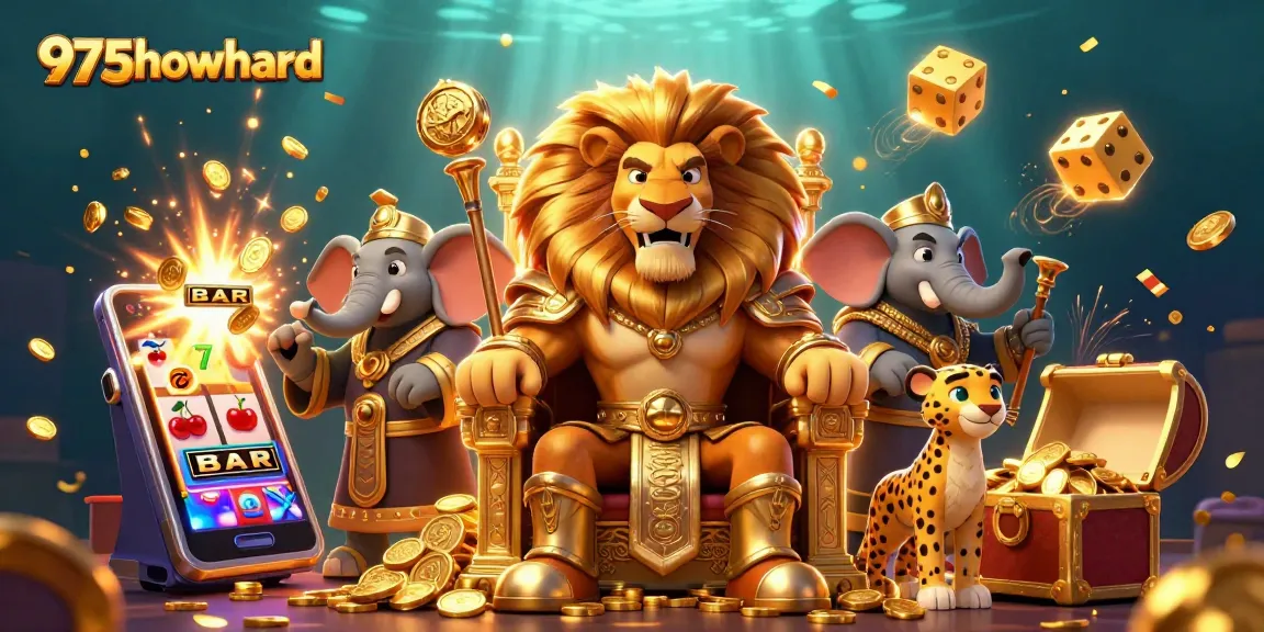 Experience 975howard's dazzling casino scene with lion king, advisor, and messenger amidst slot machines and treasures.