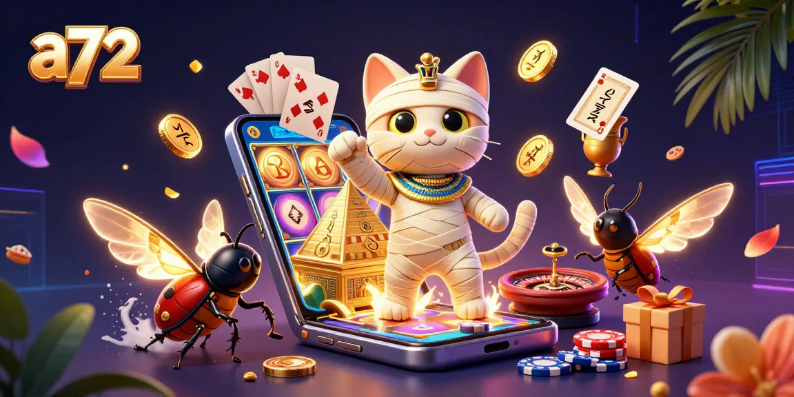 Experience the thrilling slots action in a72’s immersive pyramid casino scene filled with vibrant characters.
