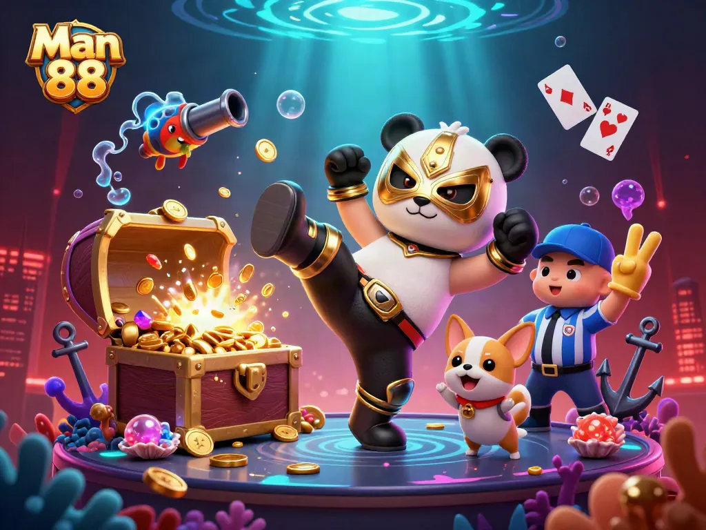Engage with thrilling moments at Man 88 as the wrestler panda takes flight in an exciting dynamic casino scene.