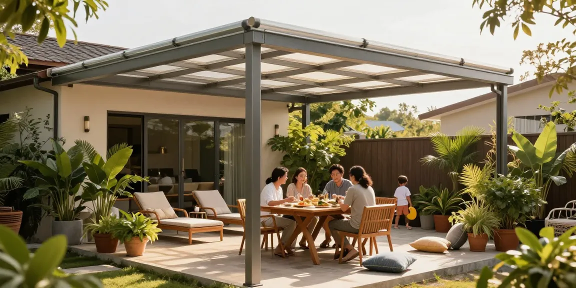 Stylische Terrassenüberdachungen schaffen einen einladenden Essbereich im Freien.