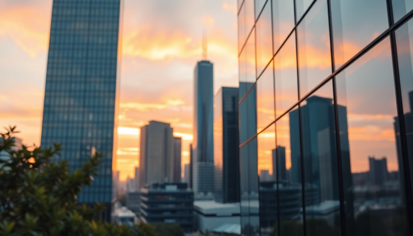 Architekturvisualisierung eines modernen Gebäudes in urbanem Umfeld mit Sonnenuntergang.