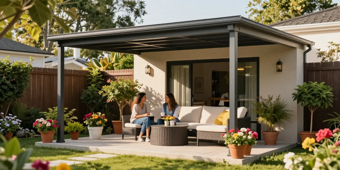Freistehende Terrassenüberdachung in einem einladenden Garten mit einem Paar, das Kaffee genießt.