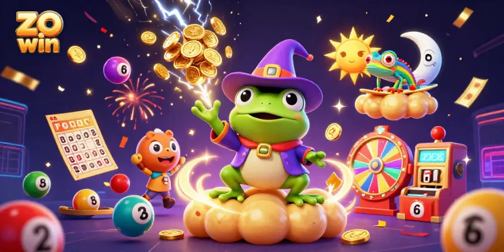 Experience the excitement of zo win with a vibrant 3D illustration full of golden coins, chameleons, and magical elements.