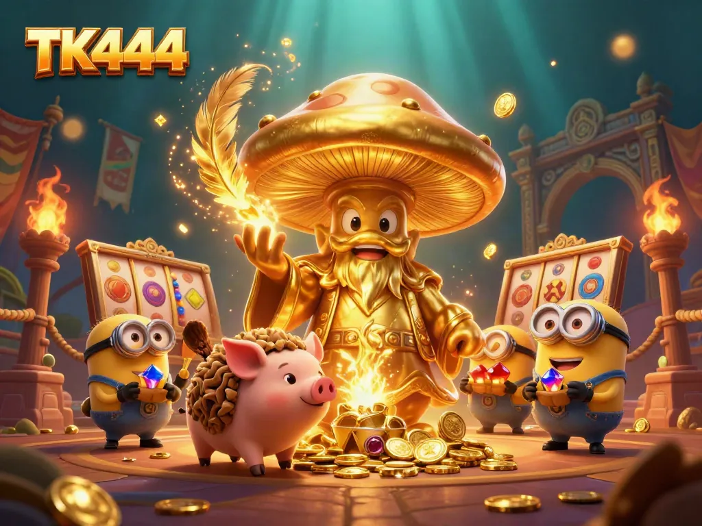 Experience the enchanting TK444 casino world with a magical golden mushroom wizard and treasure-hunting characters amidst vibrant gaming elements.