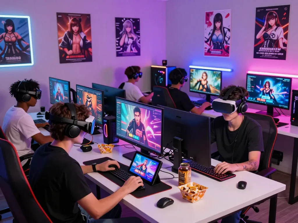 Gamers enjoying popular sexgames on devices in a vibrant, immersive environment.