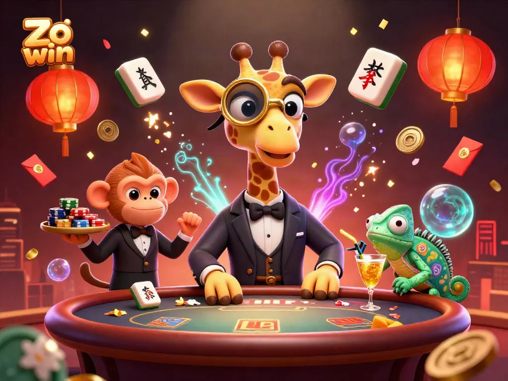 Enjoy thrilling moments at Zo win as a high-roller giraffe and monkey valet engage in premium casino gameplay.