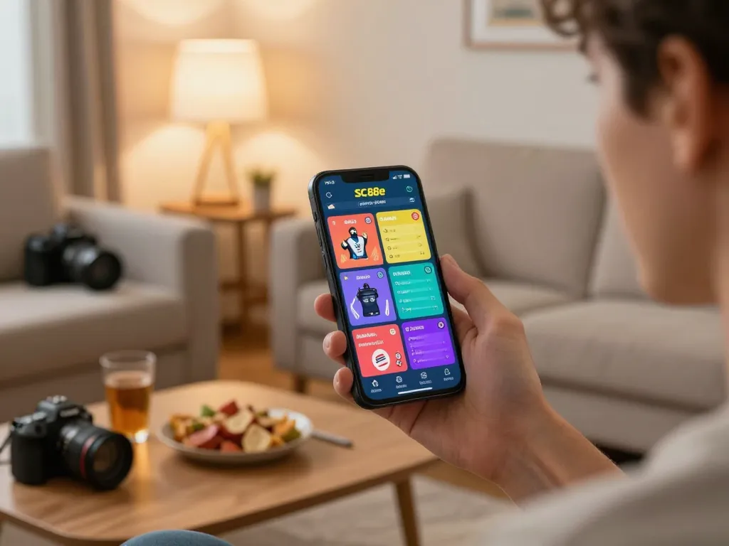 Player engaging with the SC88e betting app on a smartphone in a cozy living room setting, showcasing competitive online betting.