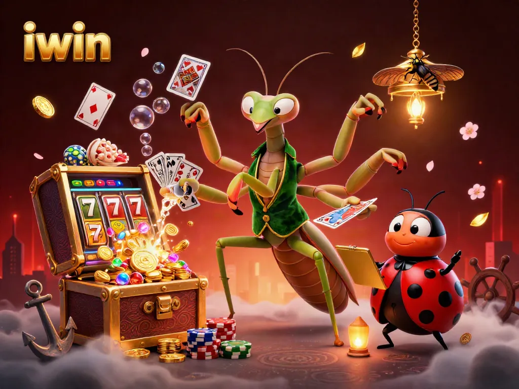 iwin brings excitement with a 3D cartoon mantis dealer and vibrant casino elements.