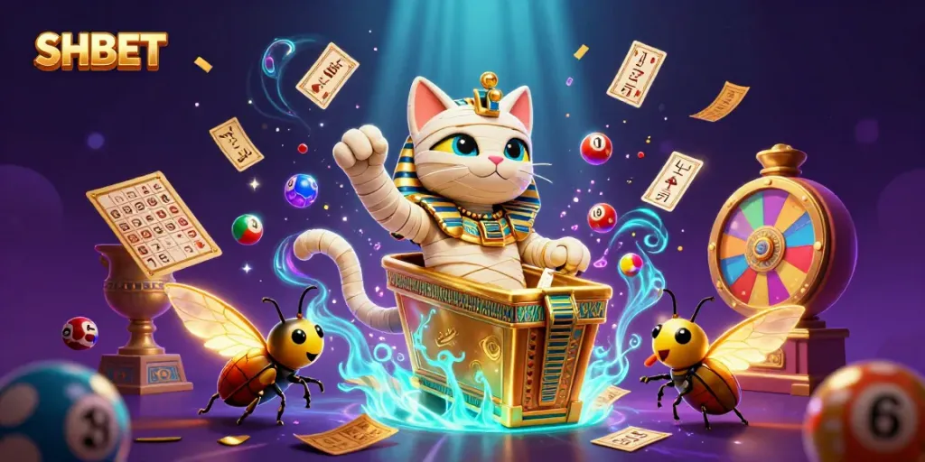 SHBET offers exciting casino experiences with a lively mummy cat and a scarab beetle amidst vibrant gaming elements.