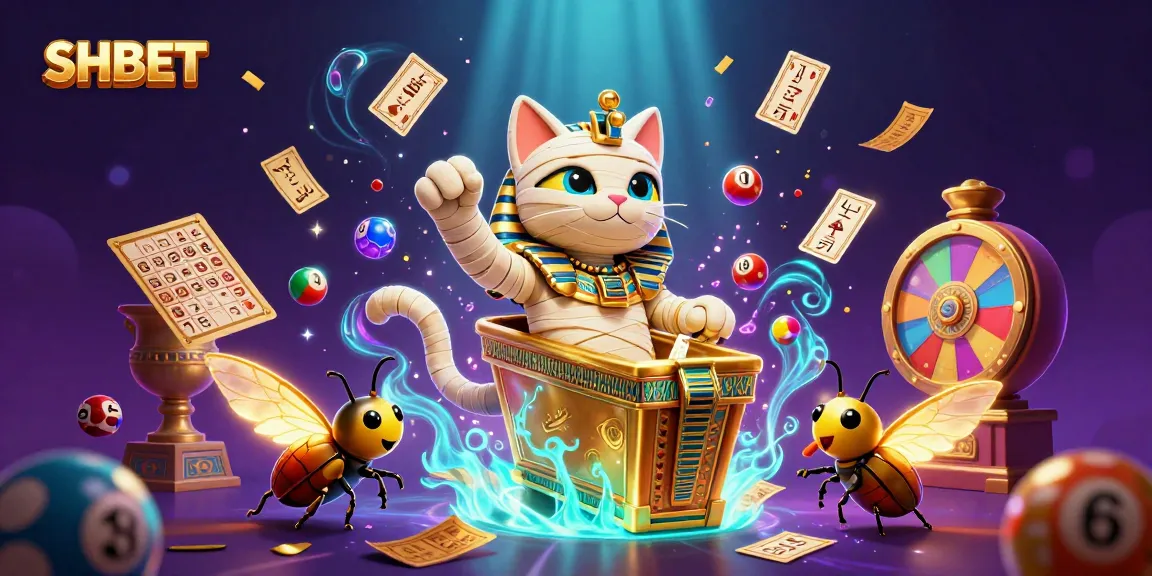 SHBET offers exciting casino experiences with a lively mummy cat and a scarab beetle amidst vibrant gaming elements.
