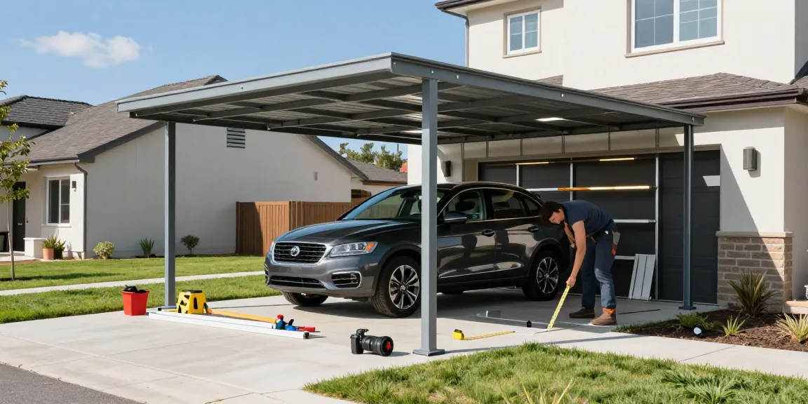 Moderner Carport schützt stilvolles Auto und zeigt DIY Montage-Tools im Garten.