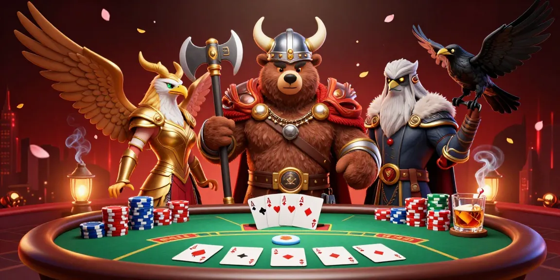 Join the excitement of SHBET with a Viking bear and Valkyrie eagle at a lively poker table.