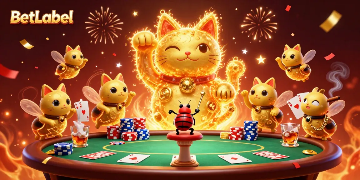 BetLabel bietet Spielern eine farbenfrohe Welt der Glücksspiele mit lebhaften Casino-Symbolen und einem glücklichen Kater.