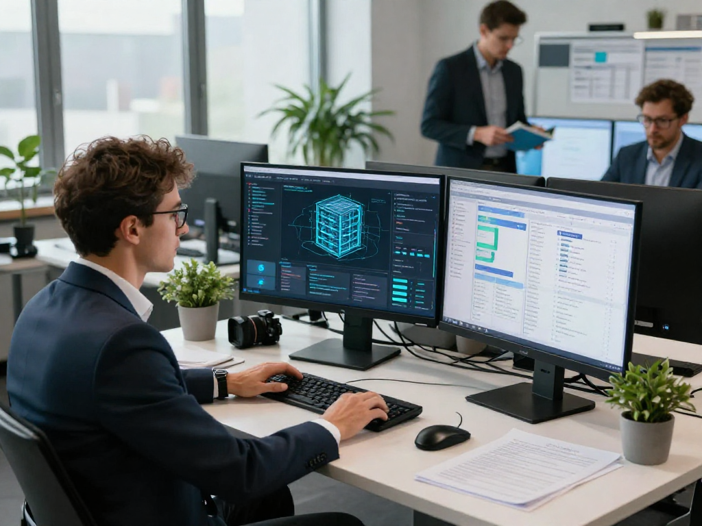 Daten- und IT-Sicherheit Dienstleistung showcased through a professional analyzing data breaches in a modern office.