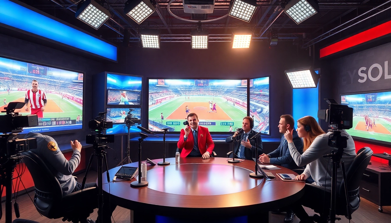 Engaging scene of sports broadcasting with hosts and advanced equipment in a vibrant studio setting.