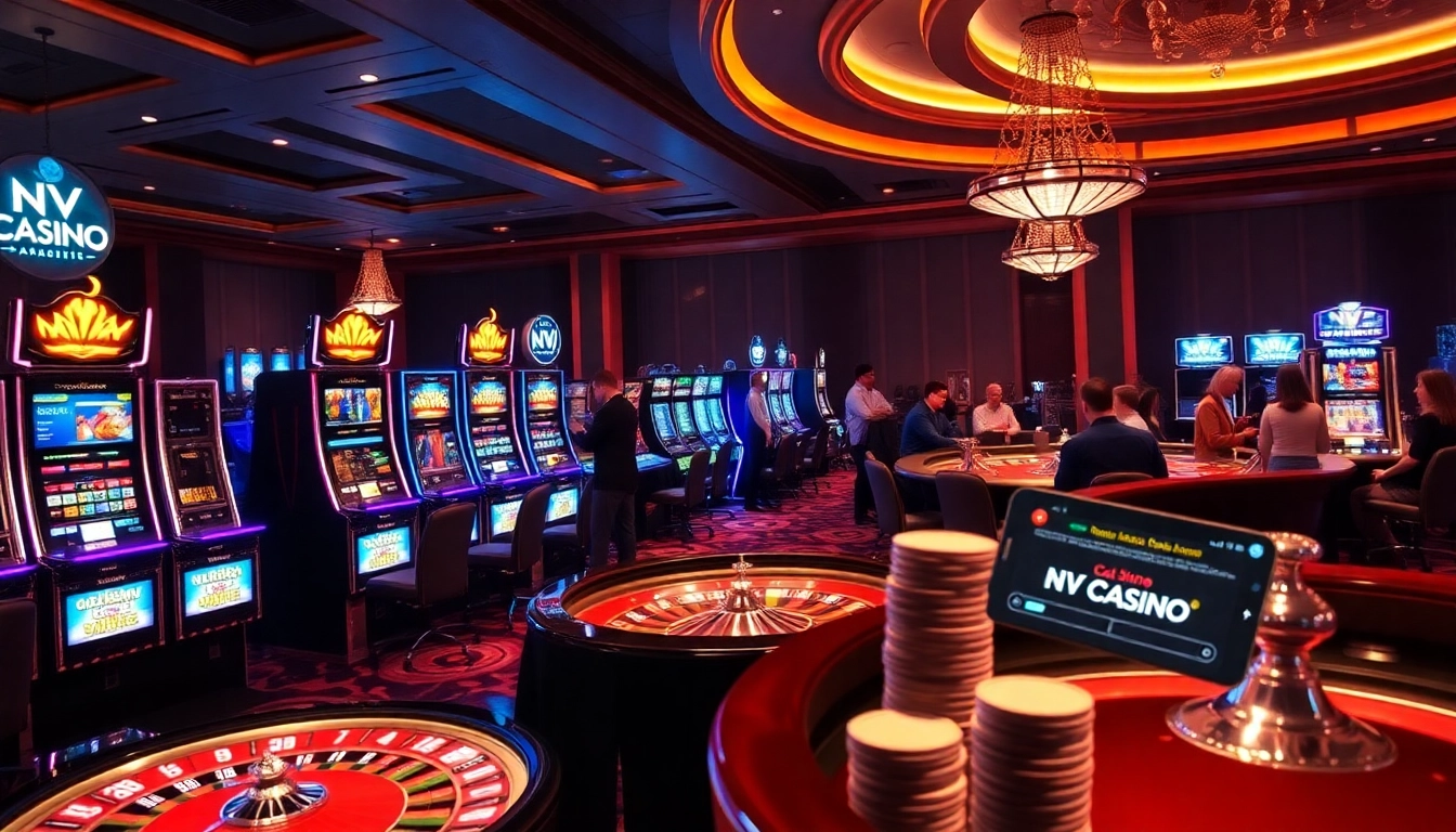 Players enjoying games at NV Casino featuring elegant tables and vibrant slot machines.
